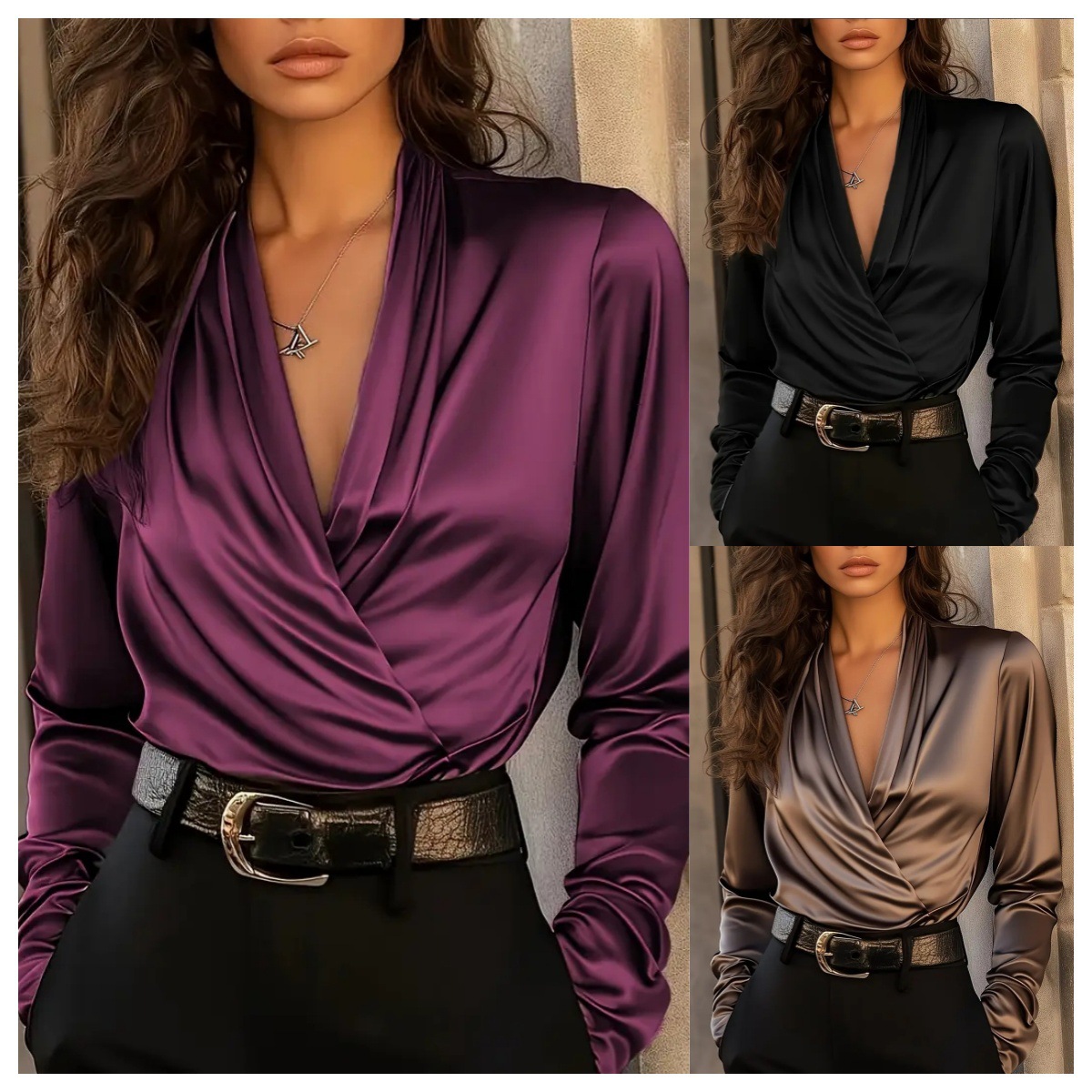 Women Formal Wear Business - Damen Satin Wickelbluse mit V-Ausschnitt und