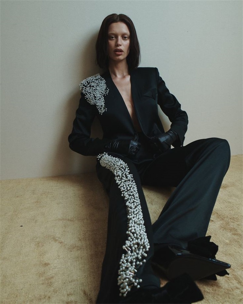 Women Formal Wear Business - Schwarze Damen-Büroanzüge, Set mit Perlen, 2-teilig,