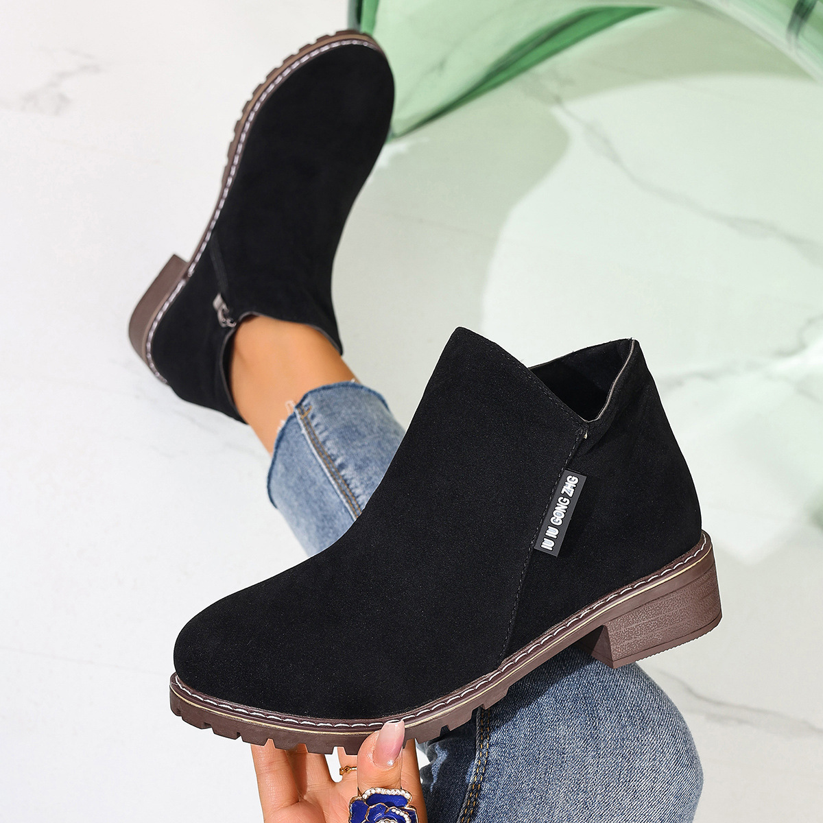 Women Formal Wear Heels - Damen Herbst-Winter-Stiefeletten mit seitlichem Reißverschluss, klobigem