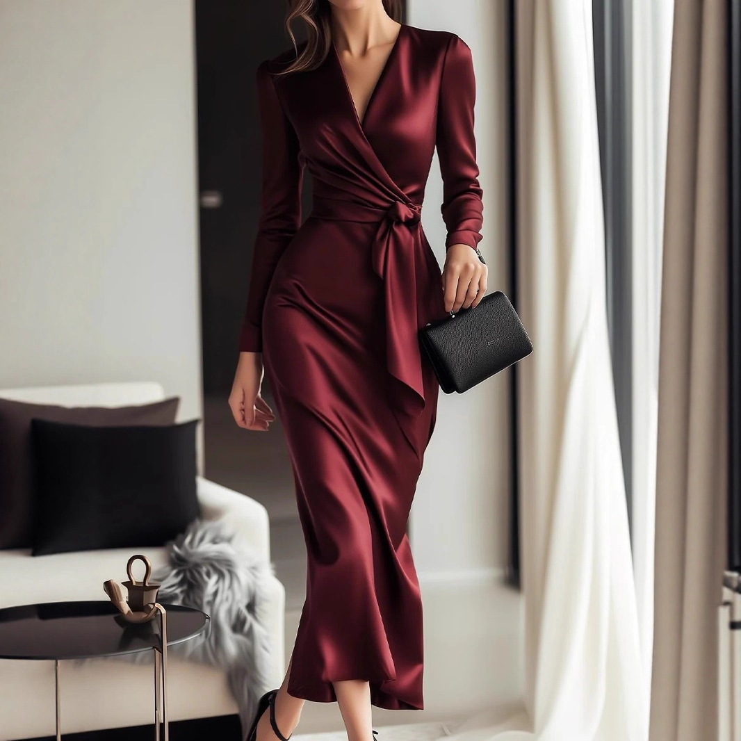 Women Formal Wear Trends - Herbstliches neues Satin-Langarmkleid – elegantes Kleid