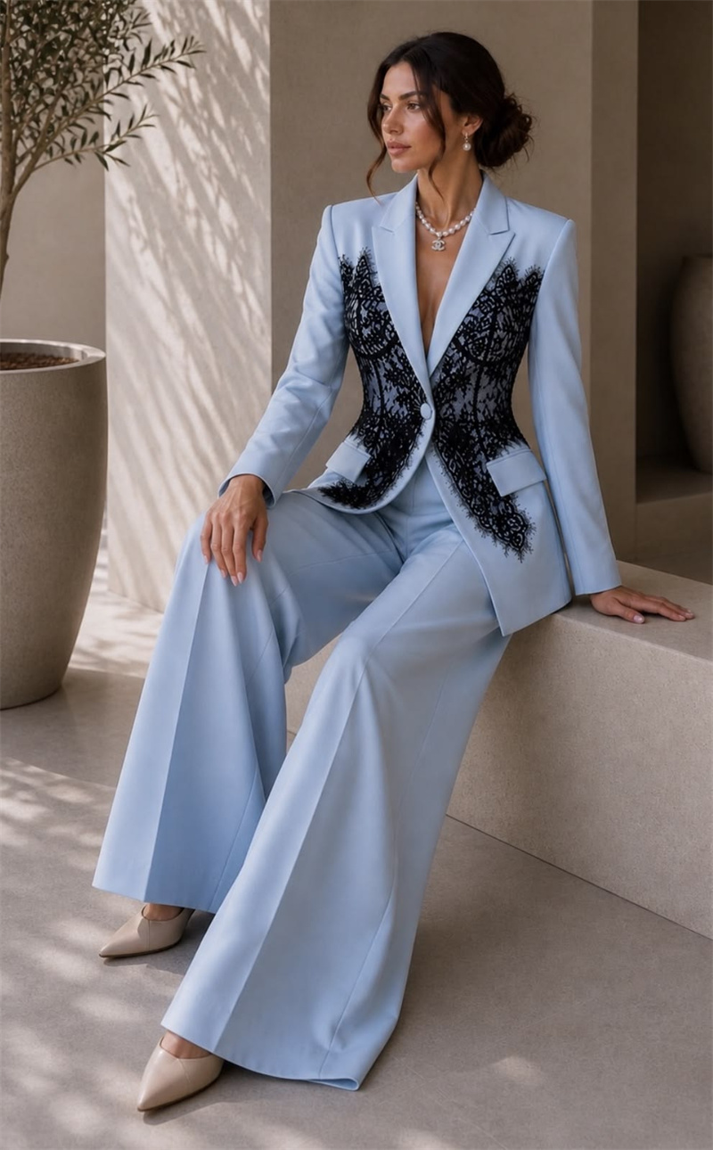 Women Formal Wear Trousers - Modische Blaue Damenanzüge Set 2-teilig Blazer+Hose