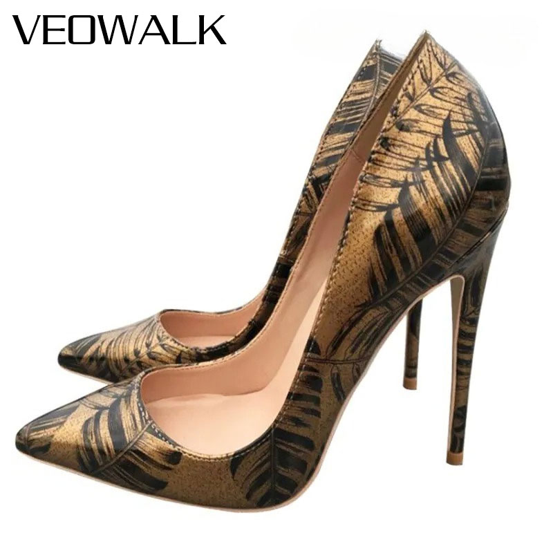 Women Formal Wear Heels - Veowalk Damen-Pumps mit Metallic-Goldmuster, schwarzer Blumendruck,