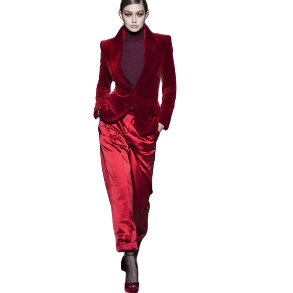 Women Formal Wear Business - Frauen Hose Anzüge Wein Rot Samt