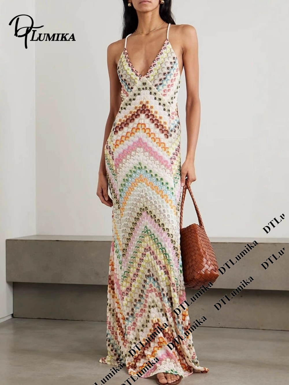 Women'S Formal Resort Wear - DTLumika Maxikleid mit Bohemian-Print, Spaghettiträgern, V-Ausschnitt