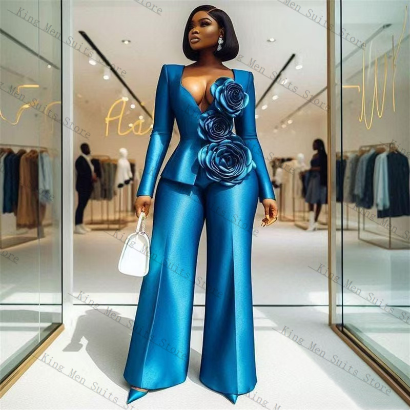 Women Formal Wear Trousers - Blaues Satin-Damenanzug-Set, 2-teilig, Blazer + lockere